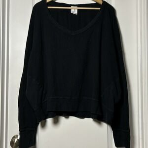 Offline by Aerie Black Waffle Side Panel Knit V-Neck Long Sleeve Pullover Top